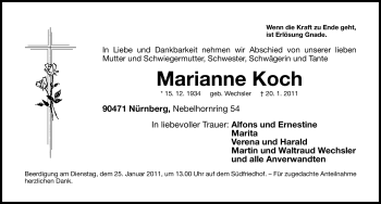 Traueranzeige von Marianne Koch von Nürnberger Nachrichten
