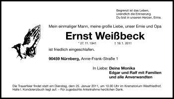 Traueranzeige von Ernst Weissbeck von Nürnberger Nachrichten