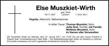 Traueranzeige von Else Muszkiet-Wirth von Nürnberger Nachrichten