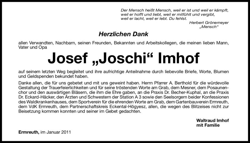  Traueranzeige für Josef Imhof vom 22.01.2011 aus Nürnberger Nachrichten