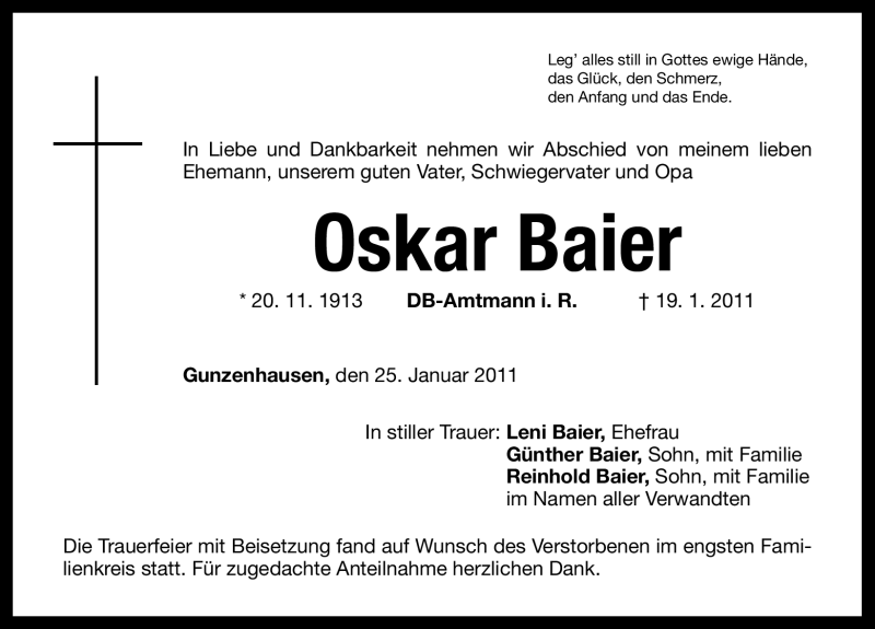  Traueranzeige für Oskar Baier vom 25.01.2011 aus Nürnberger Nachrichten