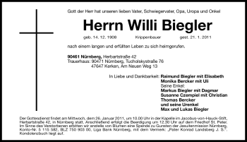 Traueranzeige von Willi Biegler von Nürnberger Nachrichten