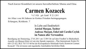 Traueranzeige von Carmen Kozacek von Nürnberger Nachrichten