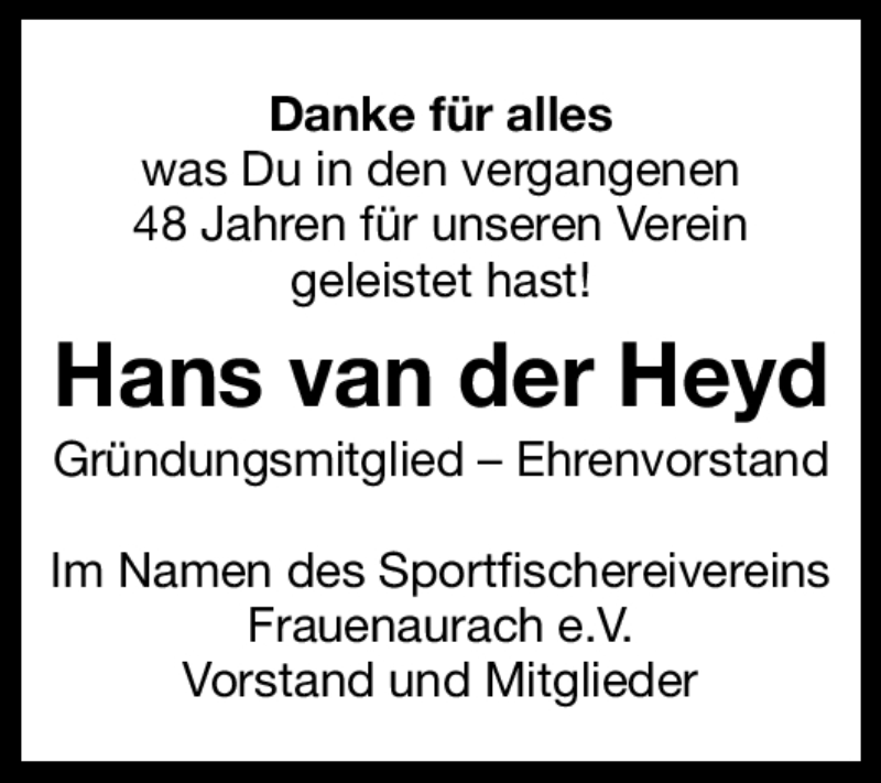  Traueranzeige für Hans van der Heyd vom 25.01.2011 aus Nürnberger Nachrichten