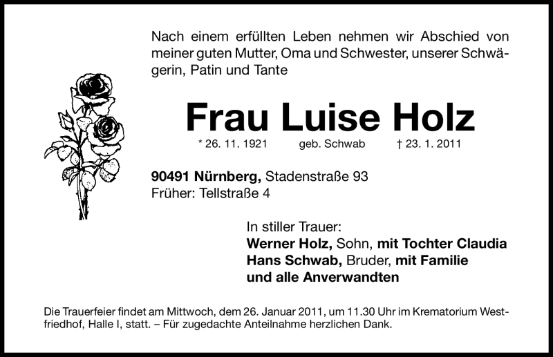  Traueranzeige für Luise Holz vom 25.01.2011 aus Nürnberger Nachrichten