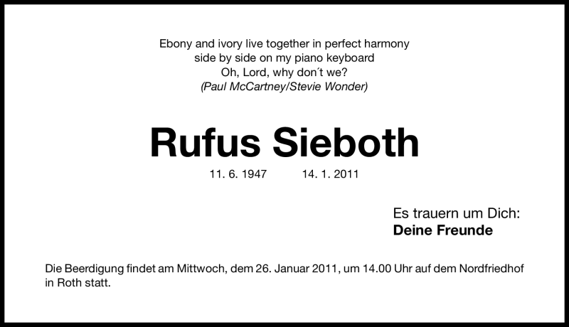  Traueranzeige für Rufus Sieboth vom 25.01.2011 aus Nürnberger Nachrichten