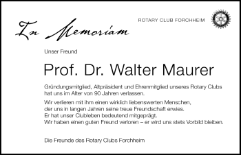 Traueranzeige von Walter Maurer von Nürnberger Nachrichten
