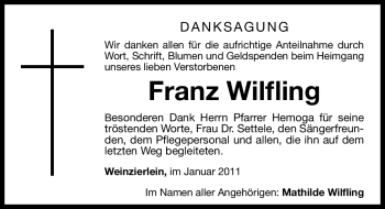 Traueranzeige von Franz Wilfling von Nürnberger Nachrichten