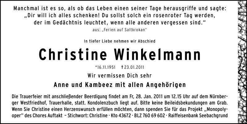  Traueranzeige für Christine Winkelmann vom 26.01.2011 aus Nürnberger Nachrichten