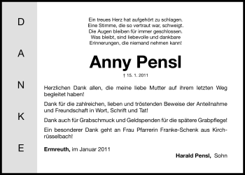 Traueranzeige von Anny Pensl von Nürnberger Nachrichten