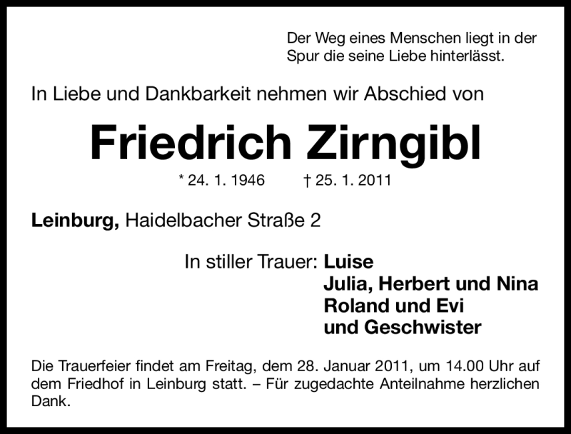 Traueranzeigen Von Friedrich Zirngibl | Trauer.nn.de