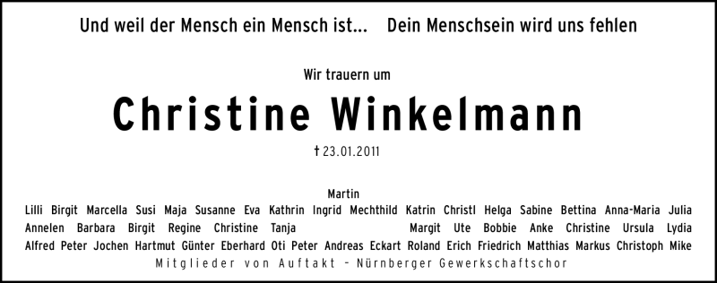  Traueranzeige für Christine Winkelmann vom 27.01.2011 aus Nürnberger Nachrichten