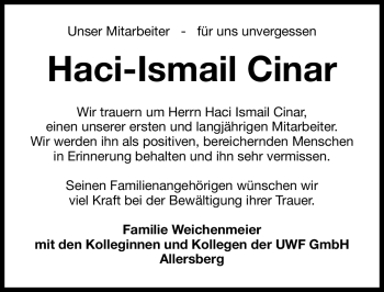 Traueranzeige von Haci-Ismail Cinar von Nürnberger Nachrichten