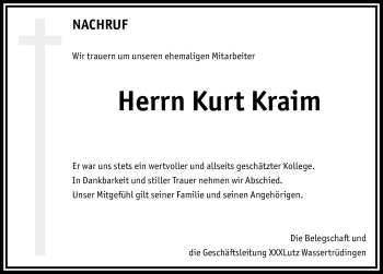 Traueranzeige von Kurt Kraim von Nürnberger Nachrichten