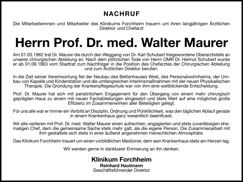  Traueranzeige für Walter Maurer vom 29.01.2011 aus Nürnberger Nachrichten