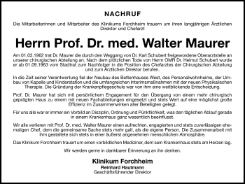 Traueranzeige von Walter Maurer von Nürnberger Nachrichten
