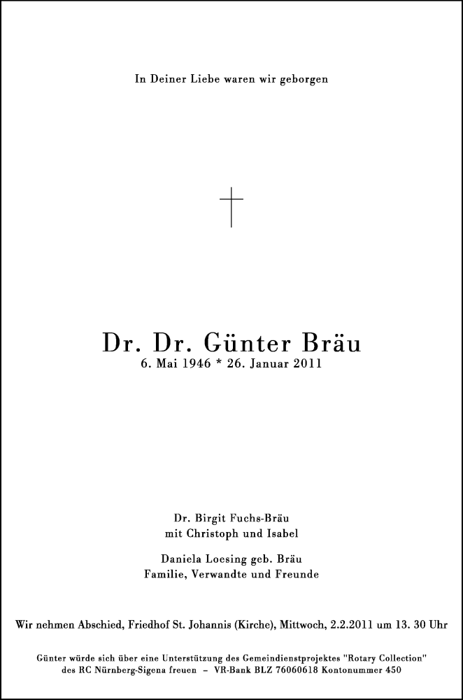  Traueranzeige für Günter Bräu vom 29.01.2011 aus Nürnberger Nachrichten