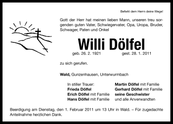 Traueranzeige von Willi Dölfel von Nürnberger Nachrichten