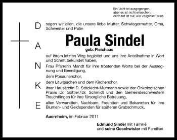 Traueranzeige von Paula Sindel von Nürnberger Nachrichten
