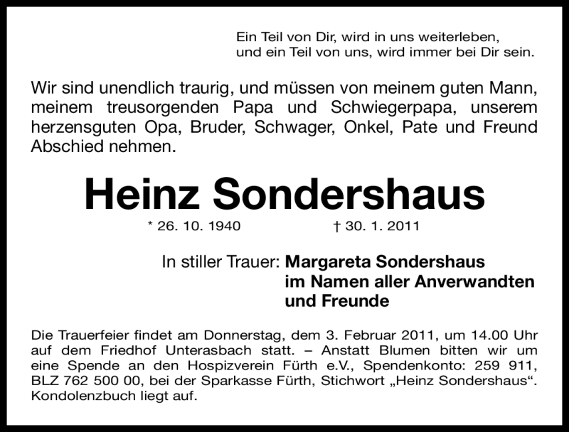  Traueranzeige für Heinz Sondershaus vom 02.02.2011 aus Nürnberger Nachrichten