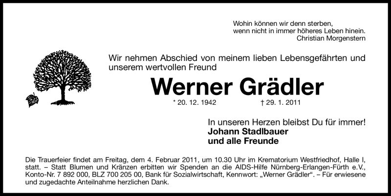  Traueranzeige für Werner Grädler vom 02.02.2011 aus Nürnberger Nachrichten