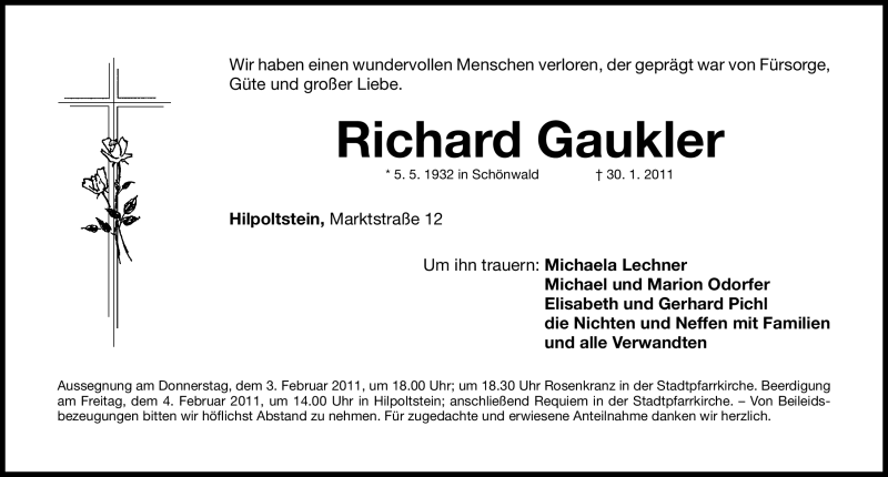  Traueranzeige für Richard Gaukler vom 02.02.2011 aus Nürnberger Nachrichten