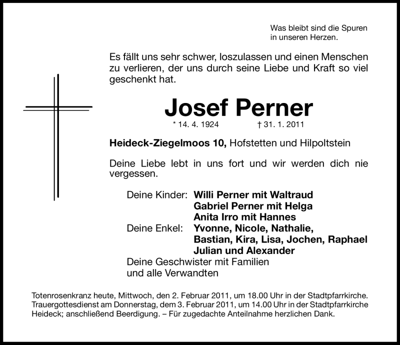  Traueranzeige für Josef Perner vom 02.02.2011 aus Nürnberger Nachrichten