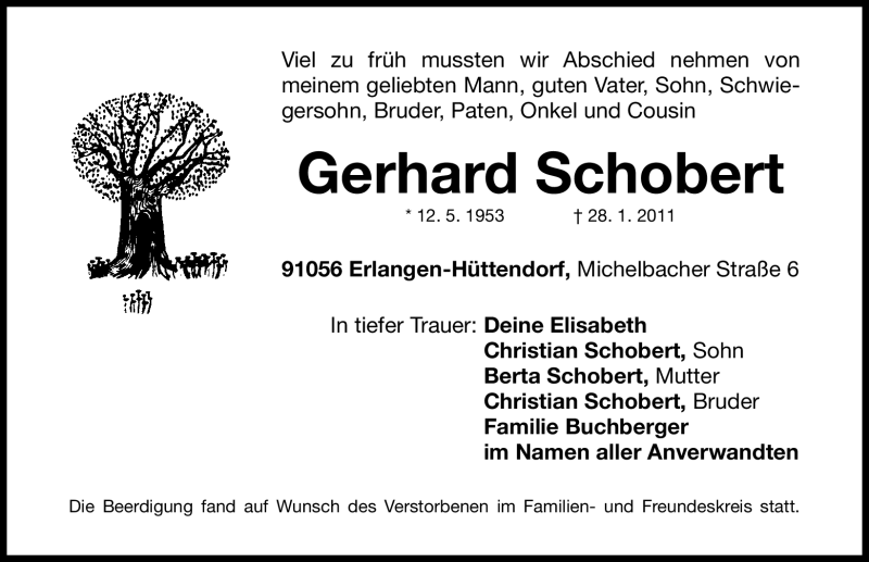  Traueranzeige für Gerhard Schobert vom 02.02.2011 aus Nürnberger Nachrichten