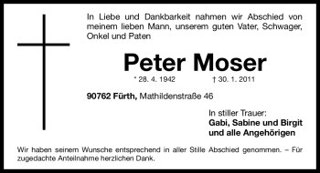 Traueranzeige von Peter Moser von Nürnberger Nachrichten