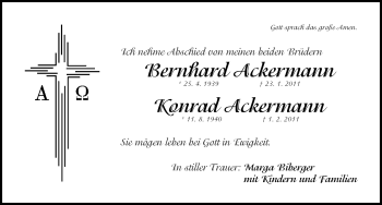 Traueranzeige von Bernhard und Konrad Ackermann von Nürnberger Nachrichten