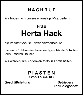 Traueranzeige von Herta Hack von Nürnberger Nachrichten