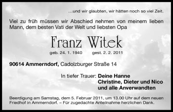 Traueranzeige von Franz Witek von Nürnberger Nachrichten