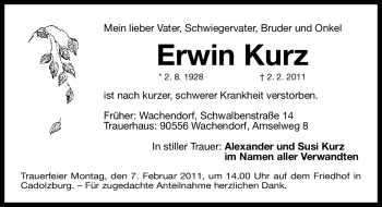 Traueranzeige von Erwin Kurz von Nürnberger Nachrichten
