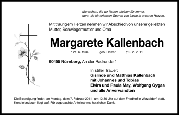 Traueranzeige von Margarete Kallenbach von Nürnberger Nachrichten