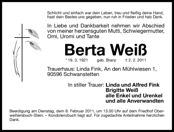 Traueranzeige von Berta Weiß von Nürnberger Nachrichten