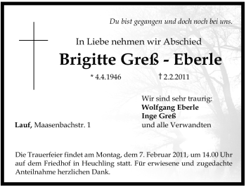Traueranzeige von Brigitte Greß-Eberle von Nürnberger Nachrichten