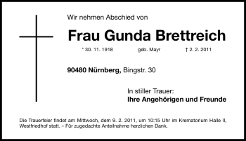 Traueranzeige von Gunda Brettreich von Nürnberger Nachrichten