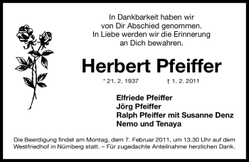 Traueranzeige von Herbert Pfeiffer von Nürnberger Nachrichten