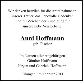 Traueranzeige von Anni Hoffmann von Nürnberger Nachrichten