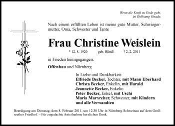 Traueranzeige von Christine Weislein von Nürnberger Nachrichten
