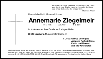 Traueranzeige von Annemarie Ziegelmeir von Nürnberger Nachrichten