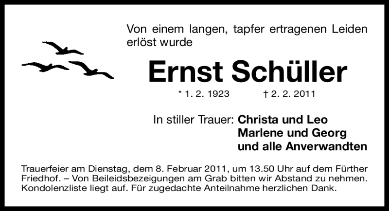  Traueranzeige für Ernst Schüller vom 05.02.2011 aus Nürnberger Nachrichten
