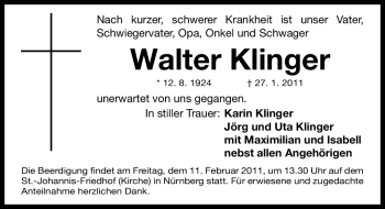 Traueranzeige von Walter Klinger von Nürnberger Nachrichten