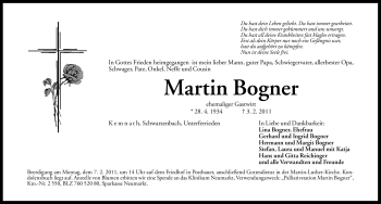 Traueranzeige von Martin Bogner von Nürnberger Nachrichten