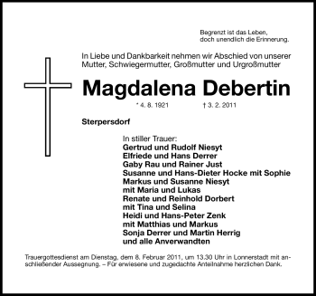 Traueranzeige von Magdalena Debertin von Nürnberger Nachrichten