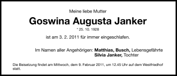 Traueranzeige von Goswina Augusta Janker von Nürnberger Nachrichten
