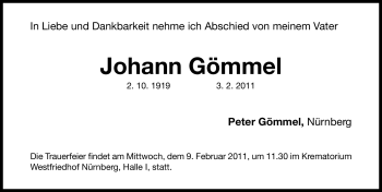 Traueranzeige von Johann Gömmel  von Nürnberger Nachrichten