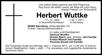 Traueranzeige von Herbert Wuttke von Nürnberger Nachrichten