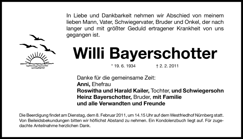  Traueranzeige für Willi Bayerschotter vom 05.02.2011 aus Nürnberger Nachrichten