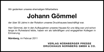 Traueranzeige von Johann Gömmel von Nürnberger Nachrichten